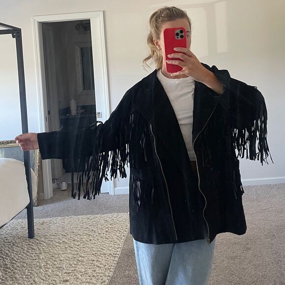 Vintage Black Suede Fringe‎ Asymmetrical Western Boho Jacket - Picture 1 of 9